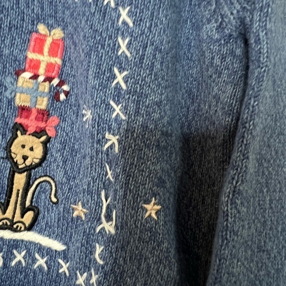 Christopher & Banks Cat Christmas Hand Embroidered Knit Winter Cardigan Large - Picture 6 of 8